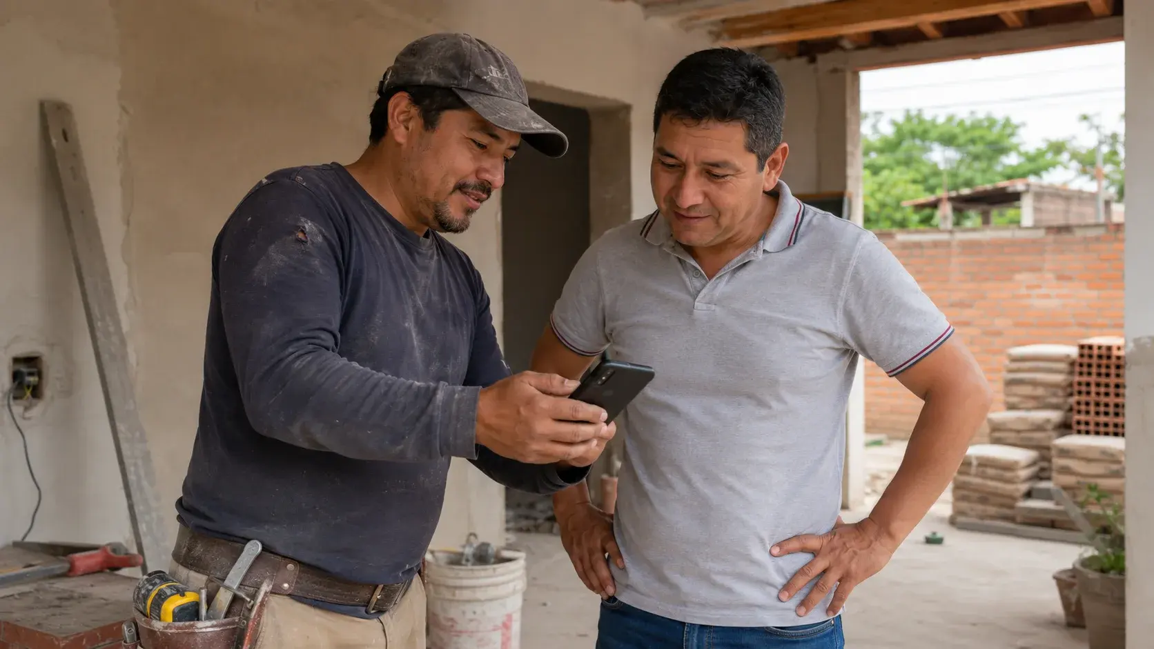 Cliente revisando y aceptando un presupuesto digital con un contratista.