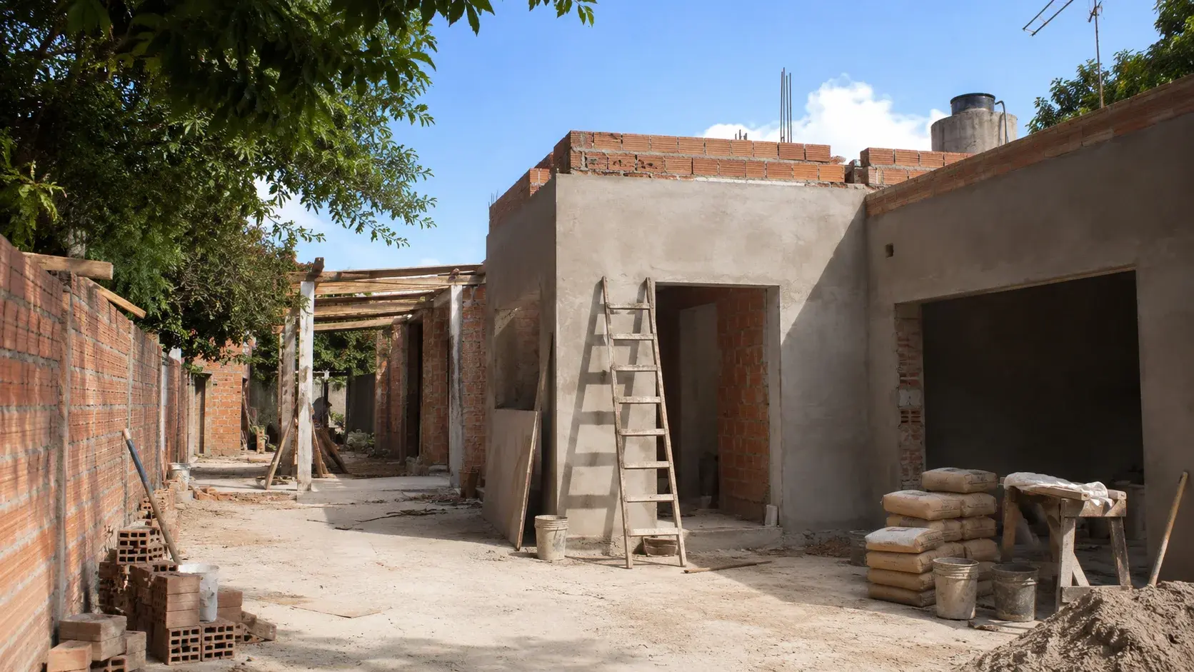 Obra residencial en Paraguay con herramientas y materiales de construcción.