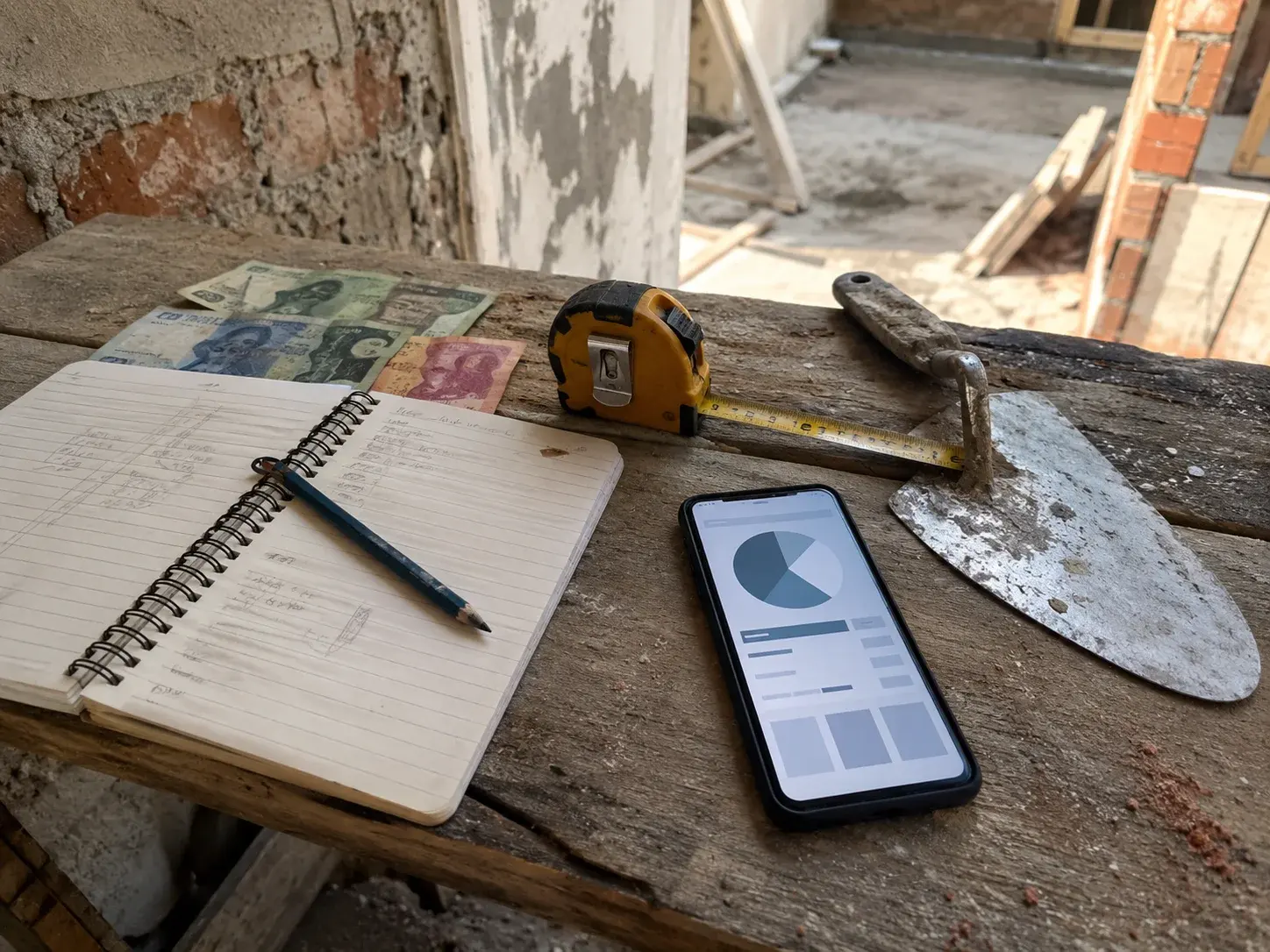 Herramientas de trabajo, celular y guaraníes para preparar un presupuesto.