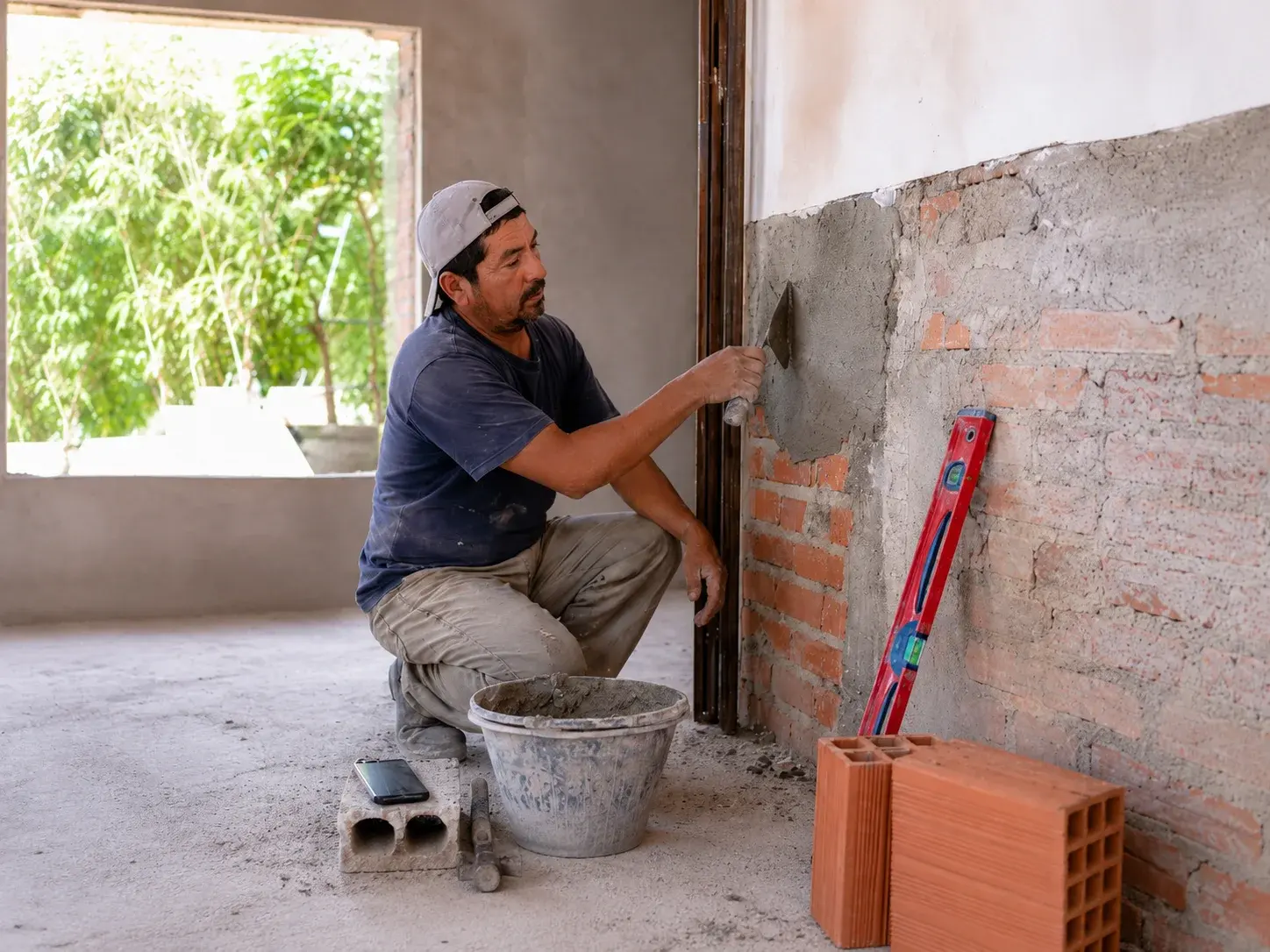 Albañil paraguayo trabajando en mampostería y revoque.