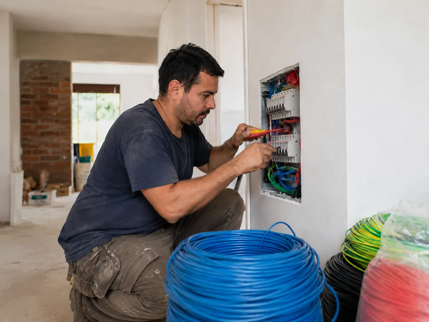 Electricista paraguayo revisando una instalación eléctrica residencial.