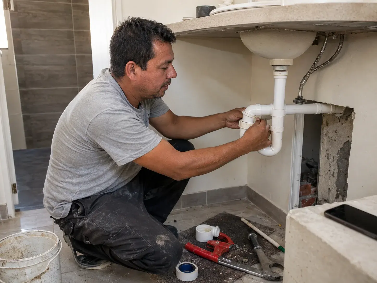 Plomero paraguayo instalando cañerías en una reparación domiciliaria.