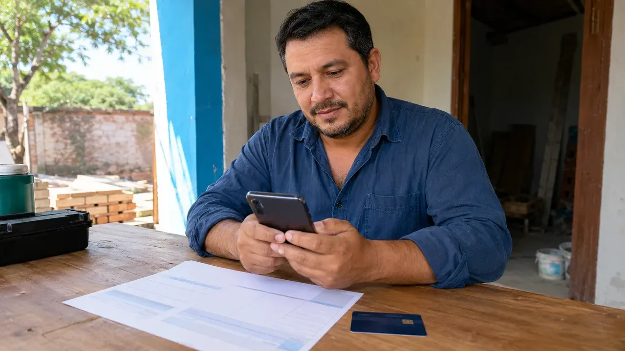 Contratista revisando datos de pago y presupuesto antes de cobrar un trabajo