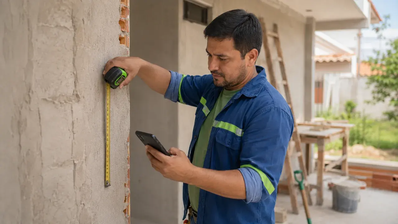 Albañil paraguayo midiendo una pared y revisando un presupuesto en el celular