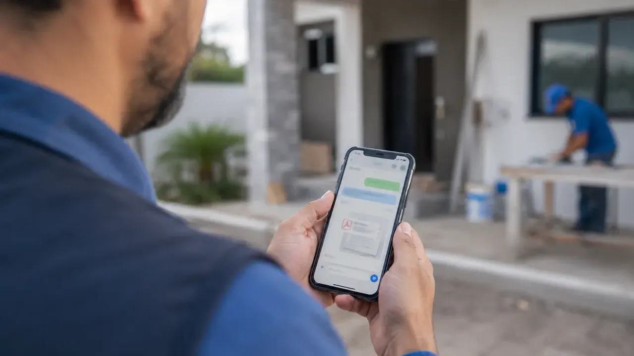 Contratista compartiendo un presupuesto PDF por WhatsApp desde su teléfono