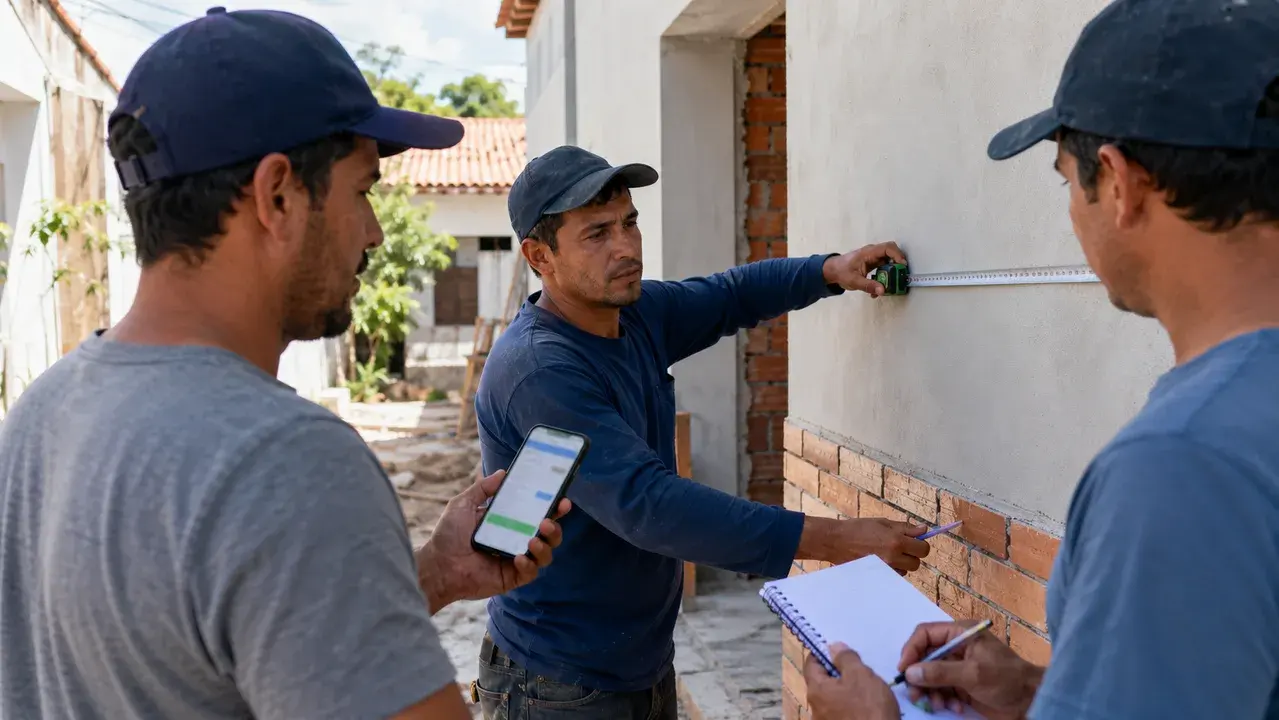Equipo de albañilería paraguayo calculando mano de obra con medidas y celular
