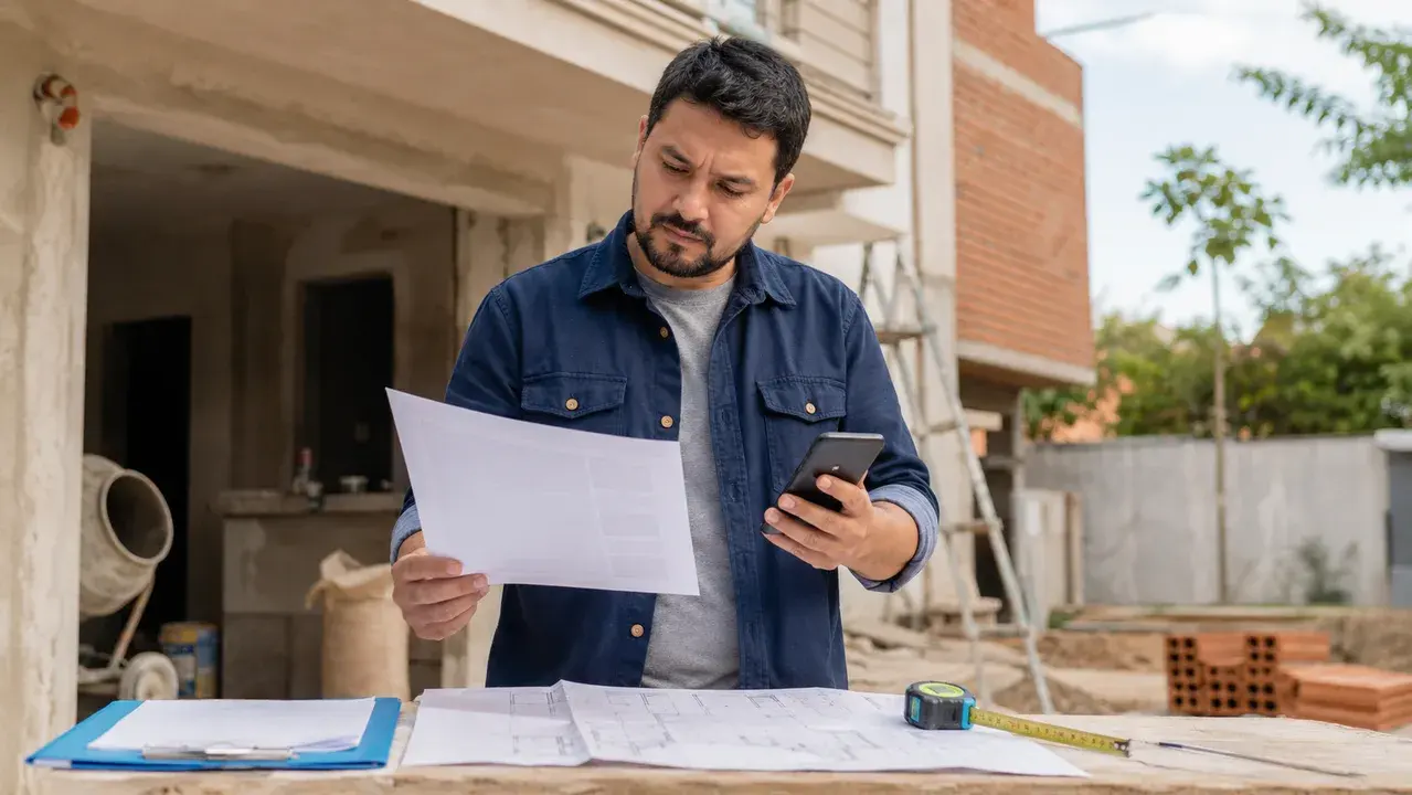 Contratista paraguayo revisando un presupuesto de obra con celular y plano de construcción