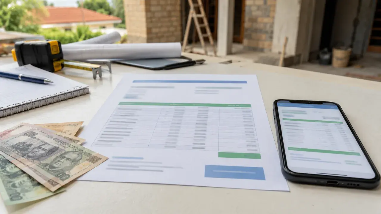 Presupuesto en guaraníes sobre una mesa de trabajo con celular y herramientas