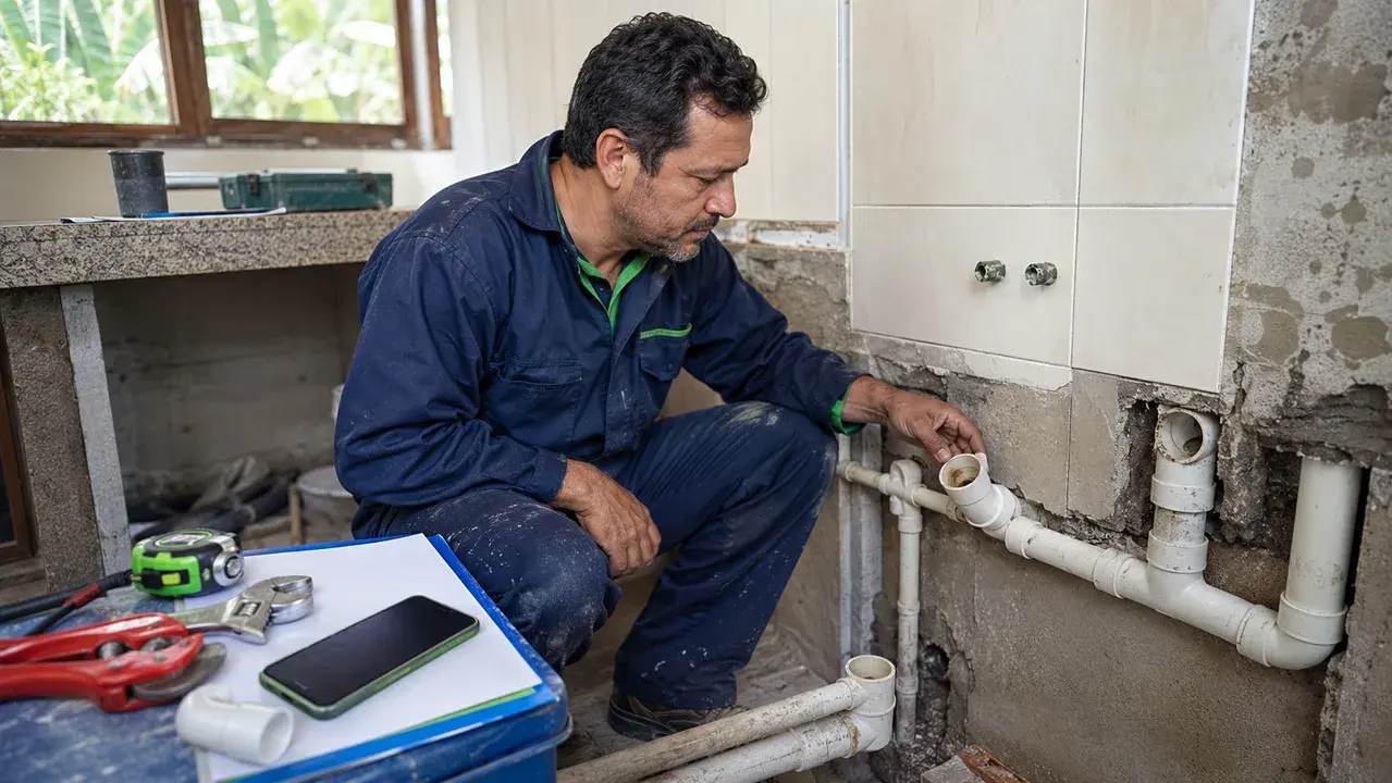 Plomero planificando instalación sanitaria y presupuesto de cañerías en una reforma