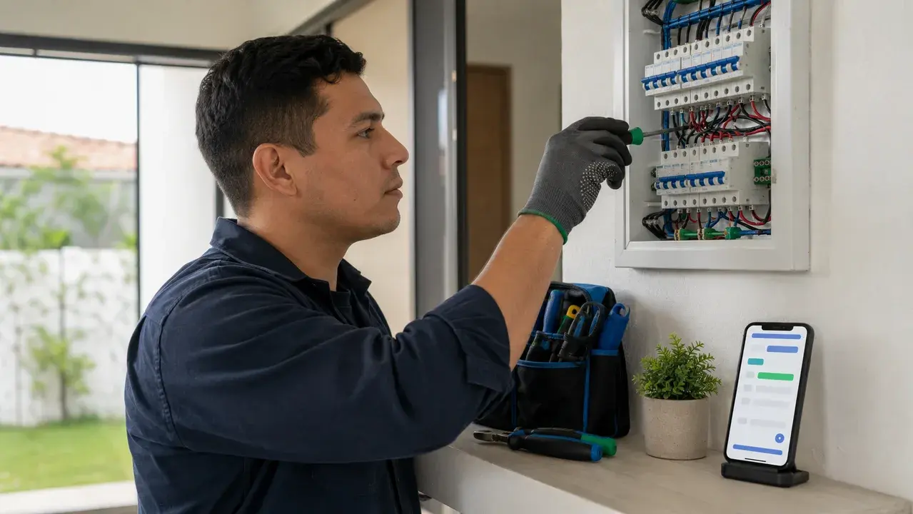 Electricista haciendo mantenimiento preventivo y preparando presupuesto de revisión eléctrica
