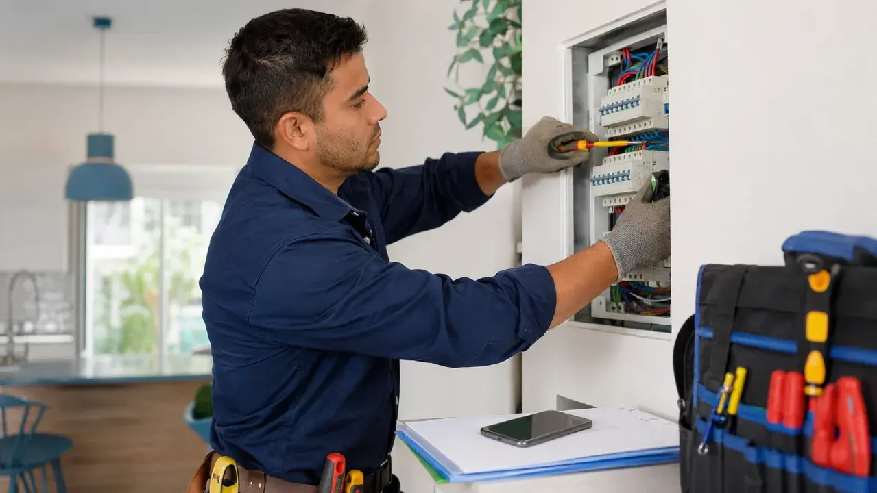 Electricista paraguayo revisando un tablero y preparando un presupuesto eléctrico