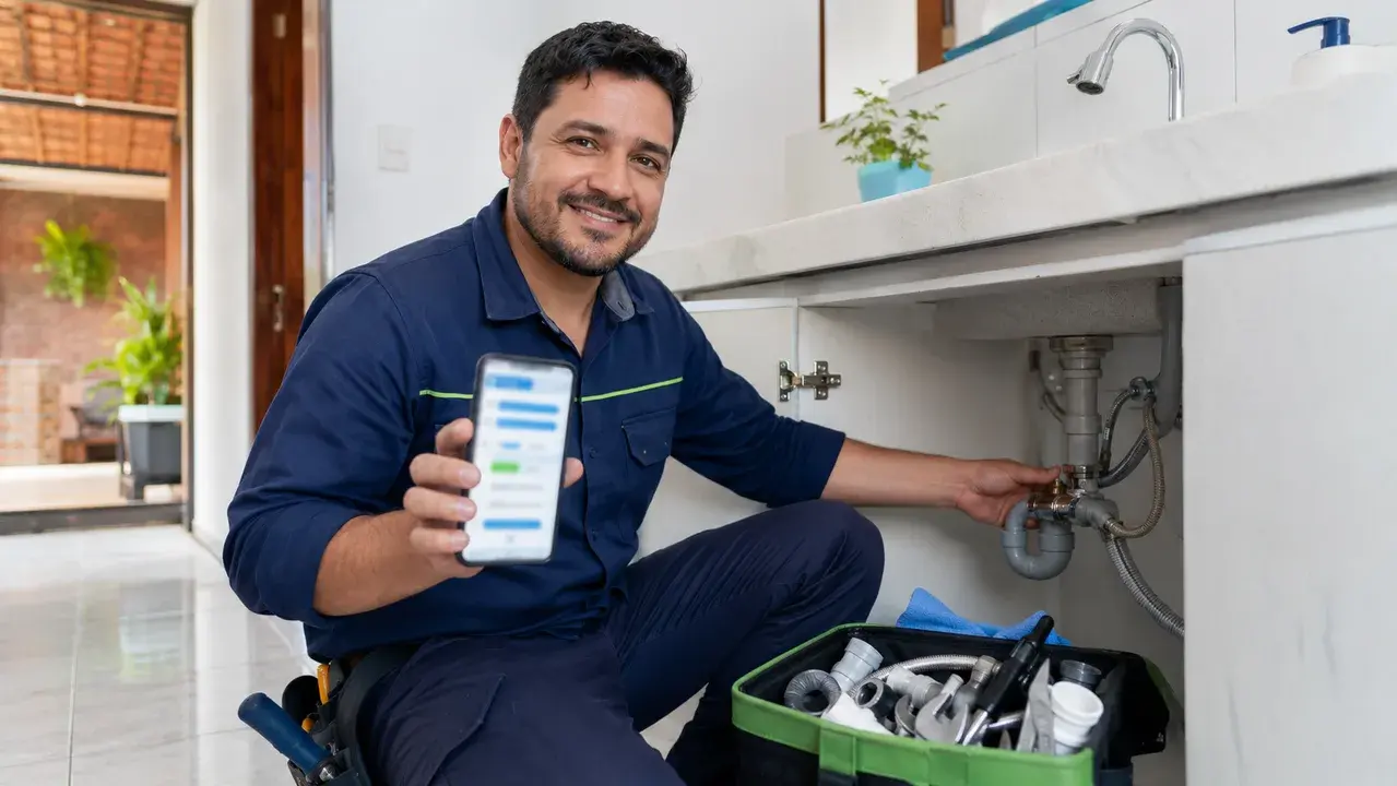 Plomero paraguayo revisando una reparación y preparando un presupuesto en el celular