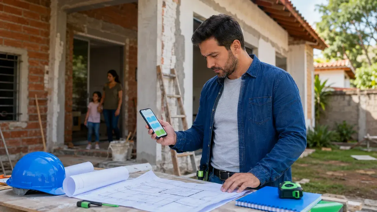 Contratista revisando una remodelación de casa y preparando un presupuesto por etapas