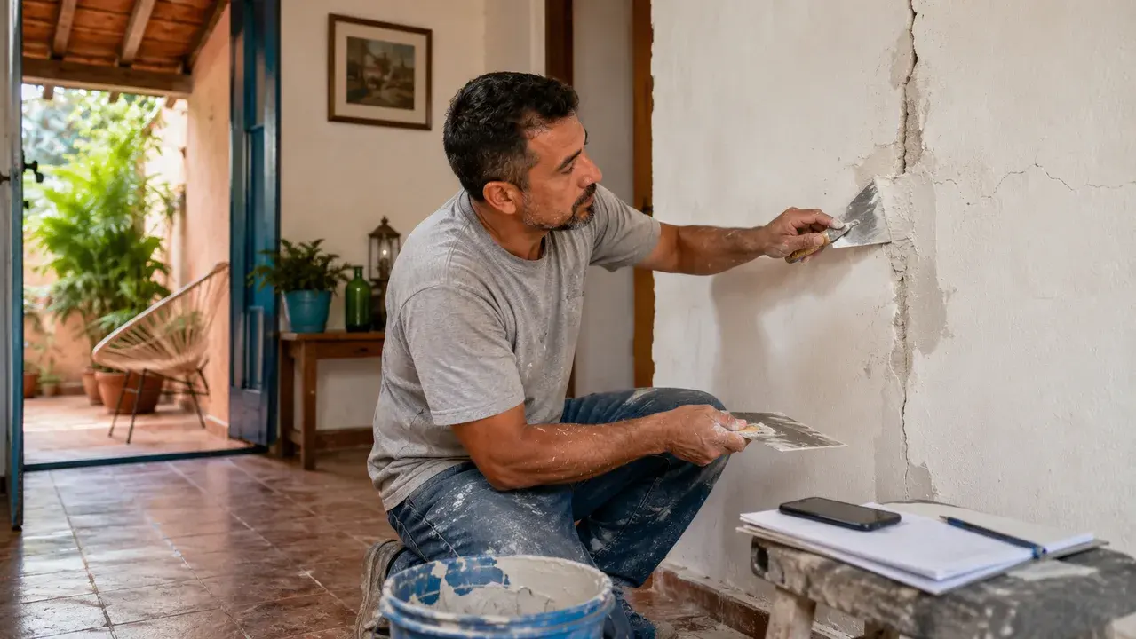 Albañil reparando fisuras de revoque en una pared antes de preparar el presupuesto